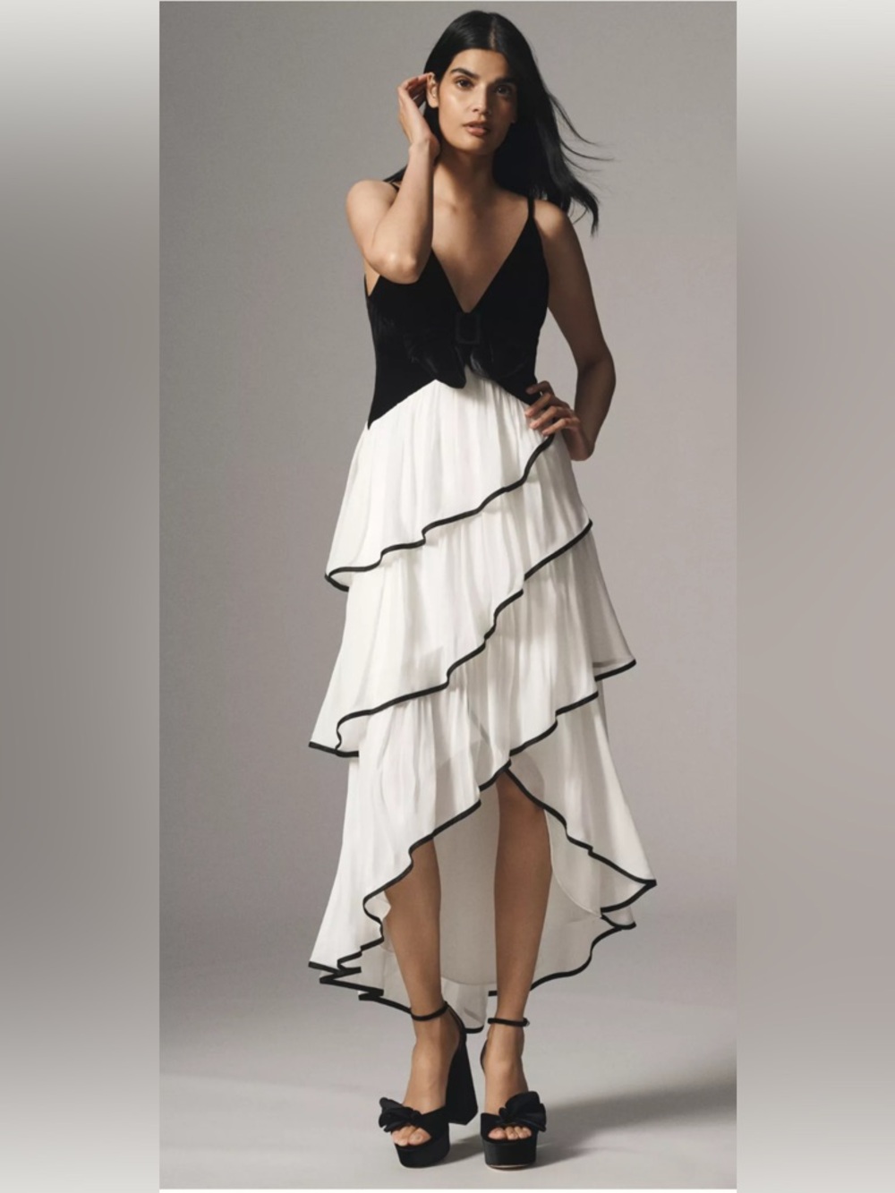 BHLDN Black and White Asymmetric Ruffle Midi Dress